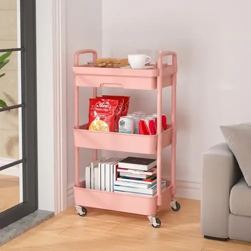 Calmootey 3-Tier Rolling Utility Cart with Drawer,Multifunctional Storage Organizer with Plastic Shelf & Metal Wheel,Storage Cart for Kitchen,Bathroom,Living Room,Office,Pink - 4