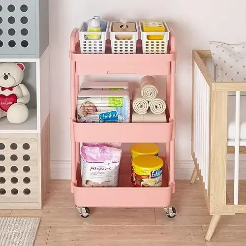 Calmootey 3-Tier Rolling Utility Cart with Drawer,Multifunctional Storage Organizer with Plastic Shelf & Metal Wheel,Storage Cart for Kitchen,Bathroom,Living Room,Office,Pink - 3
