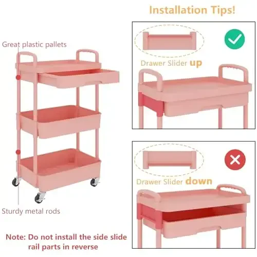 Calmootey 3-Tier Rolling Utility Cart with Drawer,Multifunctional Storage Organizer with Plastic Shelf & Metal Wheel,Storage Cart for Kitchen,Bathroom,Living Room,Office,Pink - 6