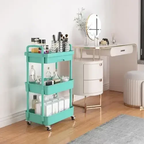 Calmootey 3-Tier Rolling Utility Cart with Drawer,Multifunctional Storage Organizer with Plastic Shelf & Metal Wheel,Storage Cart for Kitchen,Bathroom,Living Room,Office,Green - CALMOOTEY (1)