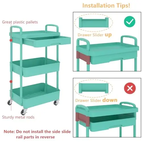 Calmootey 3-Tier Rolling Utility Cart with Drawer,Multifunctional Storage Organizer with Plastic Shelf & Metal Wheel,Storage Cart for Kitchen,Bathroom,Living Room,Office,Green - 6