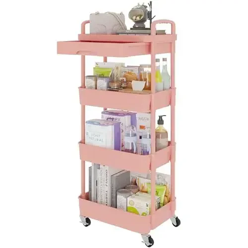 Calmootey 4-Tier Rolling Utility Cart with Drawer,Multifunctional Storage Organizer with Plastic Shelf & Metal Wheel,Storage Cart for Kitchen,Bathroom,Living Room,Office,Pink 
