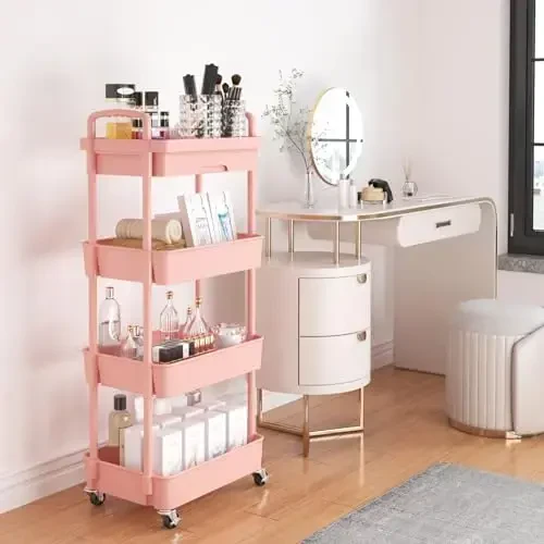 Calmootey 4-Tier Rolling Utility Cart with Drawer,Multifunctional Storage Organizer with Plastic Shelf & Metal Wheel,Storage Cart for Kitchen,Bathroom,Living Room,Office,Pink - 2