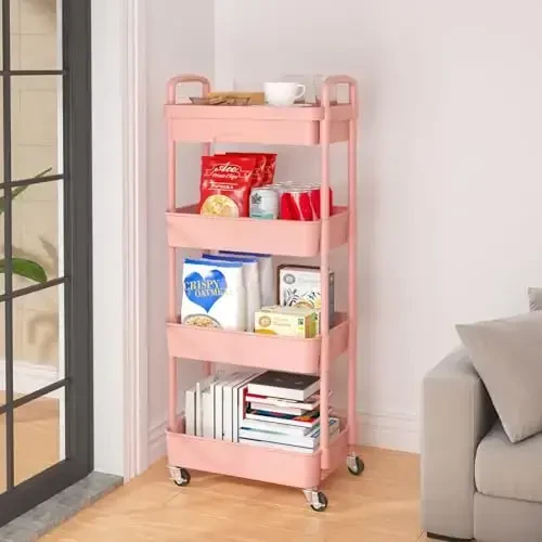 Calmootey 4-Tier Rolling Utility Cart with Drawer,Multifunctional Storage Organizer with Plastic Shelf & Metal Wheel,Storage Cart for Kitchen,Bathroom,Living Room,Office,Pink - 4