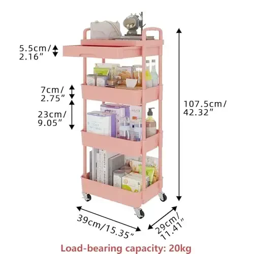 Calmootey 4-Tier Rolling Utility Cart with Drawer,Multifunctional Storage Organizer with Plastic Shelf & Metal Wheel,Storage Cart for Kitchen,Bathroom,Living Room,Office,Pink - 5