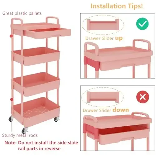 Calmootey 4-Tier Rolling Utility Cart with Drawer,Multifunctional Storage Organizer with Plastic Shelf & Metal Wheel,Storage Cart for Kitchen,Bathroom,Living Room,Office,Pink - 6