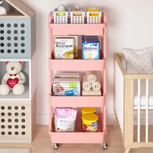 Calmootey 4-Tier Rolling Utility Cart with Drawer,Multifunctional Storage Organizer with Plastic Shelf & Metal Wheel,Storage Cart for Kitchen,Bathroom,Living Room,Office,Pink - 3