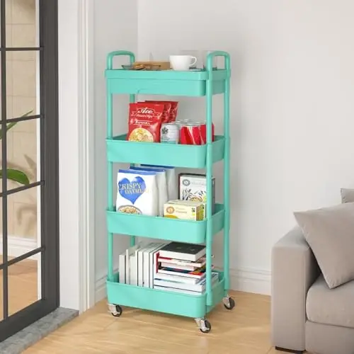 Calmootey 4-Tier Rolling Utility Cart with Drawer,Multifunctional Storage Organizer with Plastic Shelf & Metal Wheel,Storage Cart for Kitchen,Bathroom,Living Room,Office,Green - 4