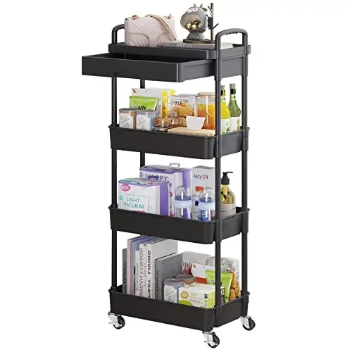 Calmootey 4-Tier Rolling Utility Cart with Drawer,Multifunctional Storage Organizer with Plastic Shelf & Metal Wheel,Storage Cart for Kitchen,Bathroom,Living Room,Office,Black - 1
