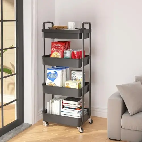 Calmootey 4-Tier Rolling Utility Cart with Drawer,Multifunctional Storage Organizer with Plastic Shelf & Metal Wheel,Storage Cart for Kitchen,Bathroom,Living Room,Office,Black - 4