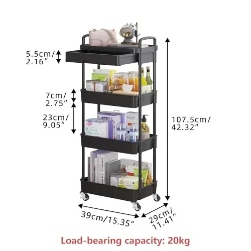 Calmootey 4-Tier Rolling Utility Cart with Drawer,Multifunctional Storage Organizer with Plastic Shelf & Metal Wheel,Storage Cart for Kitchen,Bathroom,Living Room,Office,Black - 5