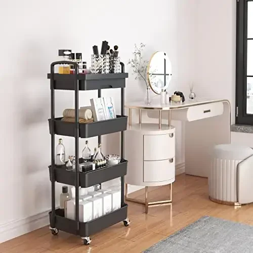 Calmootey 4-Tier Rolling Utility Cart with Drawer,Multifunctional Storage Organizer with Plastic Shelf & Metal Wheel,Storage Cart for Kitchen,Bathroom,Living Room,Office,Black - CALMOOTEY (1)
