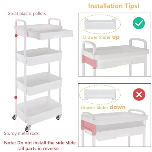 Calmootey 4-Tier Rolling Utility Cart with Drawer,Multifunctional Storage Organizer with Plastic Shelf & Metal Wheel,Storage Cart for Kitchen,Bathroom,Living Room,Office,White - 6