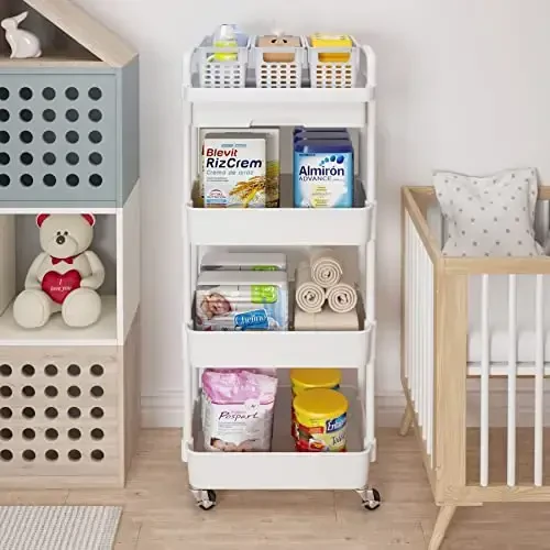 Calmootey 4-Tier Rolling Utility Cart with Drawer,Multifunctional Storage Organizer with Plastic Shelf & Metal Wheel,Storage Cart for Kitchen,Bathroom,Living Room,Office,White - 3