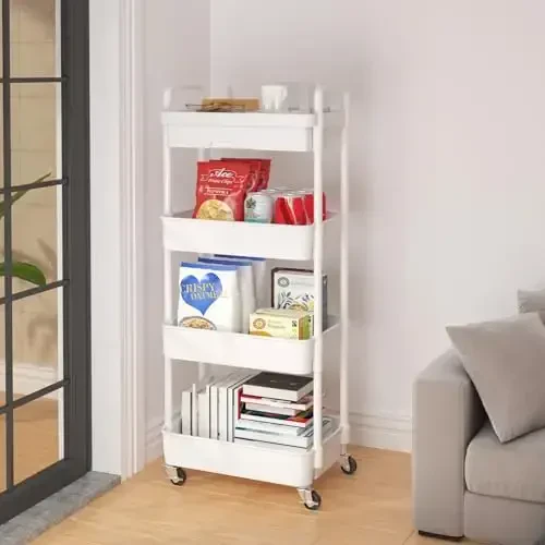 Calmootey 4-Tier Rolling Utility Cart with Drawer,Multifunctional Storage Organizer with Plastic Shelf & Metal Wheel,Storage Cart for Kitchen,Bathroom,Living Room,Office,White - 4