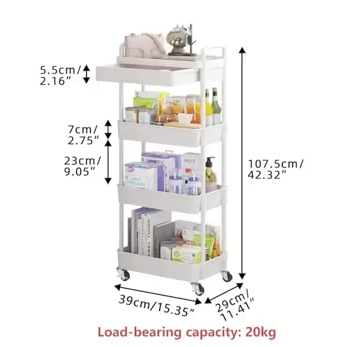 Calmootey 4-Tier Rolling Utility Cart with Drawer,Multifunctional Storage Organizer with Plastic Shelf & Metal Wheel,Storage Cart for Kitchen,Bathroom,Living Room,Office,White - 5