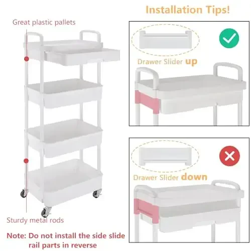 Calmootey 4-Tier Rolling Utility Cart with Drawer,Multifunctional Storage Organizer with Plastic Shelf & Metal Wheel,Storage Cart for Kitchen,Bathroom,Living Room,Office,White - 6
