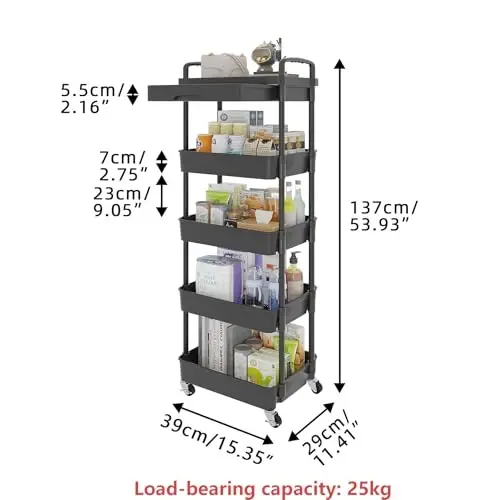Calmootey 5-Tier Rolling Utility Cart with Drawer,Multifunctional Storage Organizer with Plastic Shelf & Metal Wheels,Storage Cart for Kitchen,Bathroom,Living Room,Office,Black - 5
