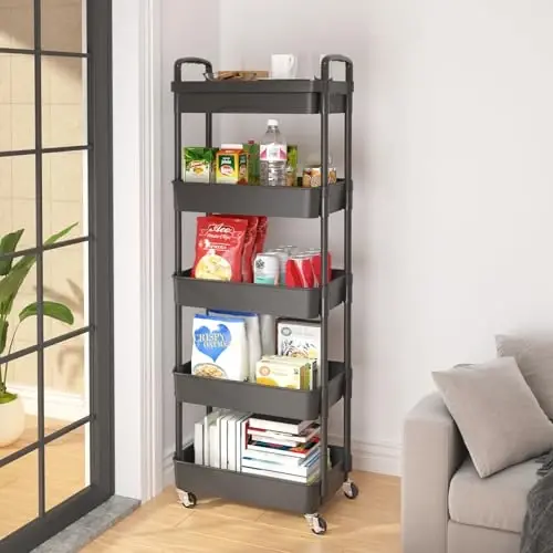 Calmootey 5-Tier Rolling Utility Cart with Drawer,Multifunctional Storage Organizer with Plastic Shelf & Metal Wheels,Storage Cart for Kitchen,Bathroom,Living Room,Office,Black - 4