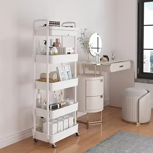 Calmootey 5-Tier Rolling Utility Cart with Drawer,Multifunctional Storage Organizer with Plastic Shelf & Metal Wheels,Storage Cart for Kitchen,Bathroom,Living Room,Office,White - 2