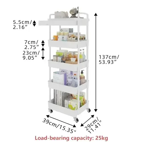 Calmootey 5-Tier Rolling Utility Cart with Drawer,Multifunctional Storage Organizer with Plastic Shelf & Metal Wheels,Storage Cart for Kitchen,Bathroom,Living Room,Office,White - 5