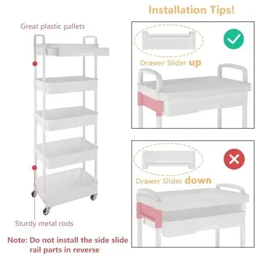 Calmootey 5-Tier Rolling Utility Cart with Drawer,Multifunctional Storage Organizer with Plastic Shelf & Metal Wheels,Storage Cart for Kitchen,Bathroom,Living Room,Office,White - 6