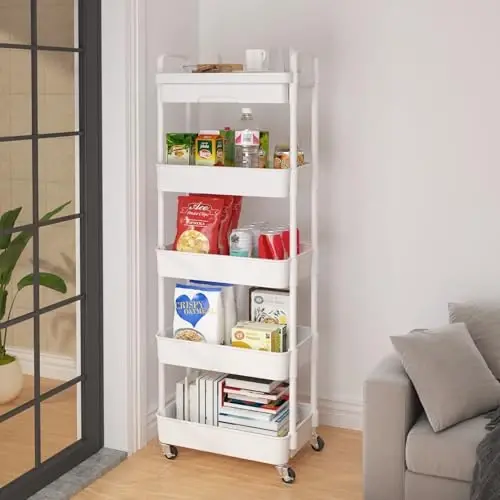 Calmootey 5-Tier Rolling Utility Cart with Drawer,Multifunctional Storage Organizer with Plastic Shelf & Metal Wheels,Storage Cart for Kitchen,Bathroom,Living Room,Office,White - 4