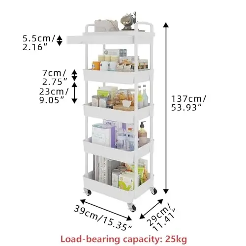 Calmootey 5-Tier Rolling Utility Cart with Drawer,Multifunctional Storage Organizer with Plastic Shelf & Metal Wheels,Storage Cart for Kitchen,Bathroom,Living Room,Office,White - 5