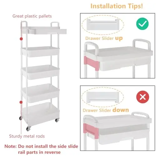Calmootey 5-Tier Rolling Utility Cart with Drawer,Multifunctional Storage Organizer with Plastic Shelf & Metal Wheels,Storage Cart for Kitchen,Bathroom,Living Room,Office,White - 6