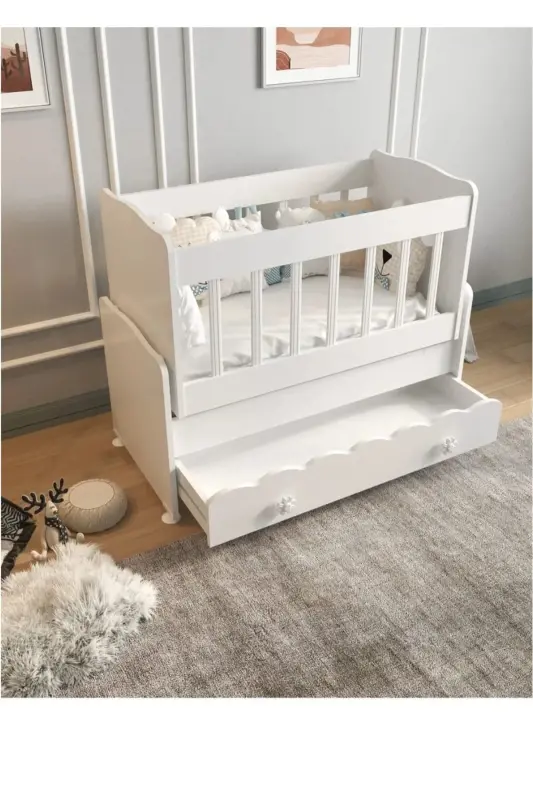 Beşik Çekmeceli Sallanır Anne Yanı Ahşap Bebek Beşiği Beyaz - beyaz - 2