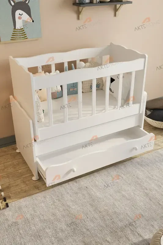 Anne yanı Çekmeceli Sallanır Bebek Beşiği – Beyaz, Rahat ve Güvenli Model-BEYAZ - 3