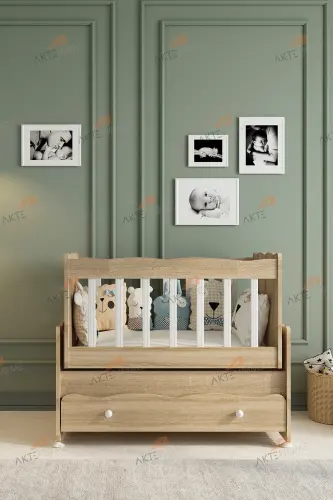 Çekmeceli Sallanır Anne Yanı Ahşap Bebek Beşiği Sonoma-AHŞAP SONOMA - 5