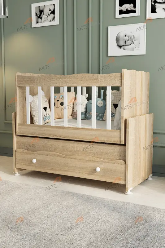 Çekmeceli Sallanır Anne Yanı Ahşap Bebek Beşiği Sonoma-AHŞAP SONOMA - AKTEHOME