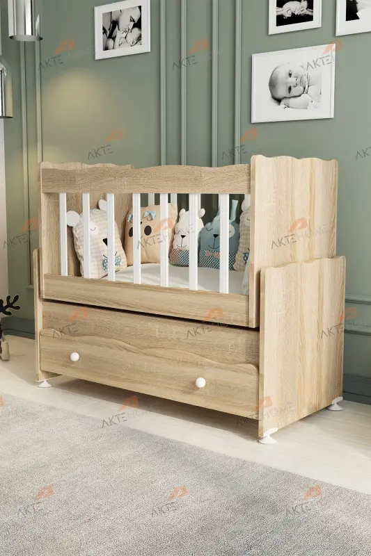 Çekmeceli Sallanır Anne Yanı Ahşap Bebek Beşiği Sonoma-AHŞAP SONOMA - 4