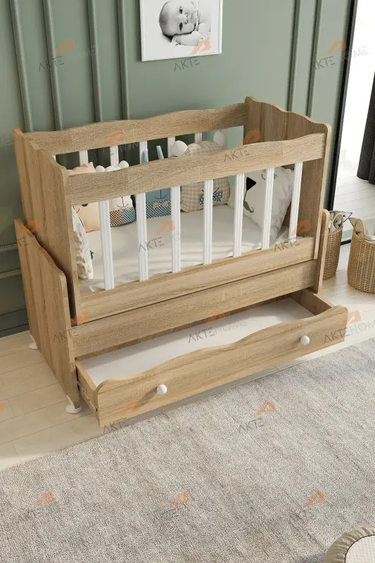 Çekmeceli Sallanır Anne Yanı Ahşap Bebek Beşiği Sonoma-AHŞAP SONOMA - 6
