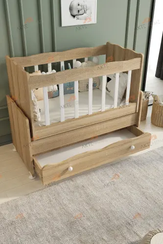 Çekmeceli Sallanır Anne Yanı Ahşap Bebek Beşiği Sonoma-AHŞAP SONOMA - 6