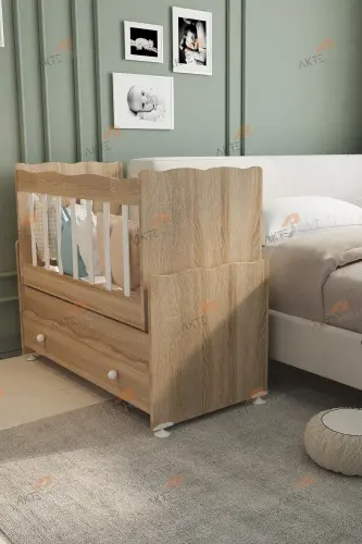 Çekmeceli Sallanır Anne Yanı Ahşap Bebek Beşiği Sonoma-AHŞAP SONOMA - 8