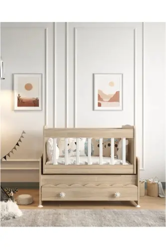 Çekmeceli Sallanır Anne Yanı Ahşap Bebek Beşiği Sonoma cradle-Bej - 3