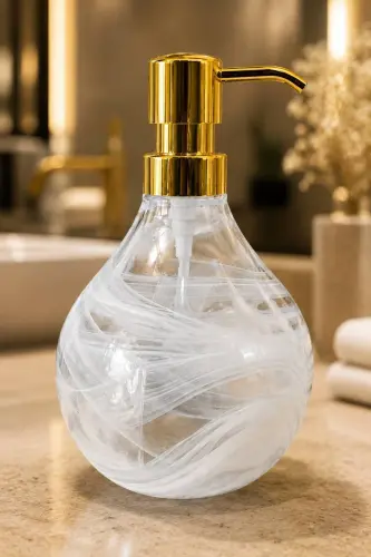 Celina Cam Sabunluk || BEYAZ ALABASTER || Modern Lüks Banyo Aksesuarı Dekoratif Sıvı Sabunluk Sabun Dispenseri Banyo & Mutfak İçin Tezgah Üstü Lavabo || GOLD POMPALI || Bulaşık Deterjanı - Celina Cam Sabunluk || BEYAZ ALABASTER | 