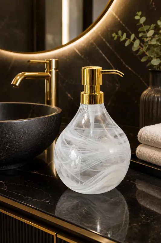 Celina Cam Sabunluk || BEYAZ ALABASTER || Modern Lüks Banyo Aksesuarı Dekoratif Sıvı Sabunluk Sabun Dispenseri Banyo & Mutfak İçin Tezgah Üstü Lavabo || GOLD POMPALI || Bulaşık Deterjanı - Celina Cam Sabunluk || BEYAZ ALABASTER | - 5