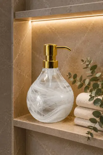 Celina Cam Sabunluk || BEYAZ ALABASTER || Modern Lüks Banyo Aksesuarı Dekoratif Sıvı Sabunluk Sabun Dispenseri Banyo & Mutfak İçin Tezgah Üstü Lavabo || GOLD POMPALI || Bulaşık Deterjanı - Celina Cam Sabunluk || BEYAZ ALABASTER | - 6