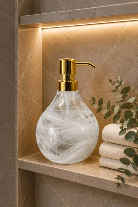 Celina Cam Sabunluk || BEYAZ ALABASTER || Modern Lüks Banyo Aksesuarı Dekoratif Sıvı Sabunluk Sabun Dispenseri Banyo & Mutfak İçin Tezgah Üstü Lavabo || GOLD POMPALI || Bulaşık Deterjanı - Celina Cam Sabunluk || BEYAZ ALABASTER | - 6