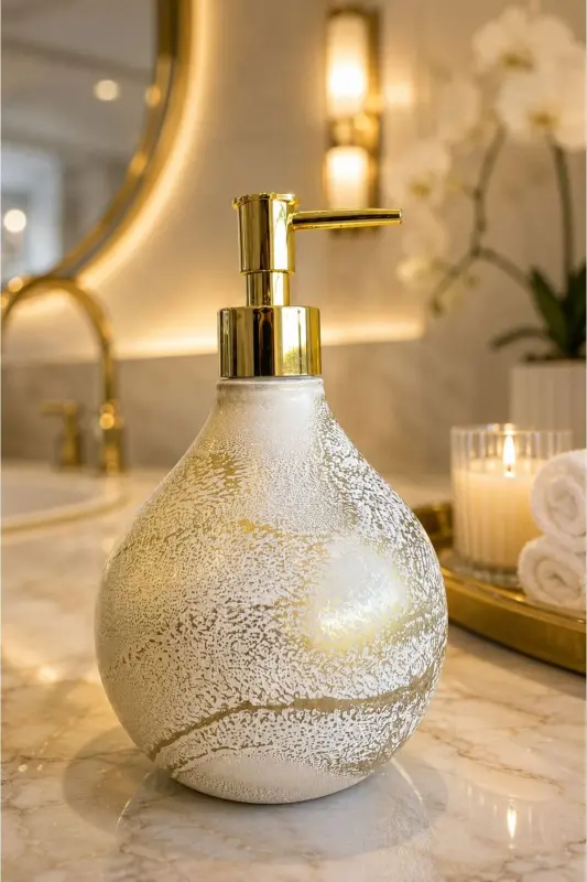 Celina Cam Sıvı Sabunluk || GOLD BEYAZ || Modern Lüks Banyo Aksesuarı Dekoratif Sıvı Sabunluk Sabun Dispenseri Banyo & Mutfak İçin Tezgah Üstü Lavabo || GOLD POMPALI || Bulaşık Deterjanı El Sabunu - Celina Beyaz Gold Sıvı Sabunluk GOLD POMPALI - 1