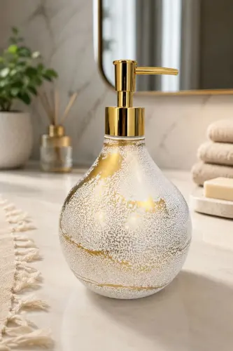 Celina Cam Sıvı Sabunluk || GOLD BEYAZ || Modern Lüks Banyo Aksesuarı Dekoratif Sıvı Sabunluk Sabun Dispenseri Banyo & Mutfak İçin Tezgah Üstü Lavabo || GOLD POMPALI || Bulaşık Deterjanı El Sabunu - Celina Beyaz Gold Sıvı Sabunluk GOLD POMPALI - 3