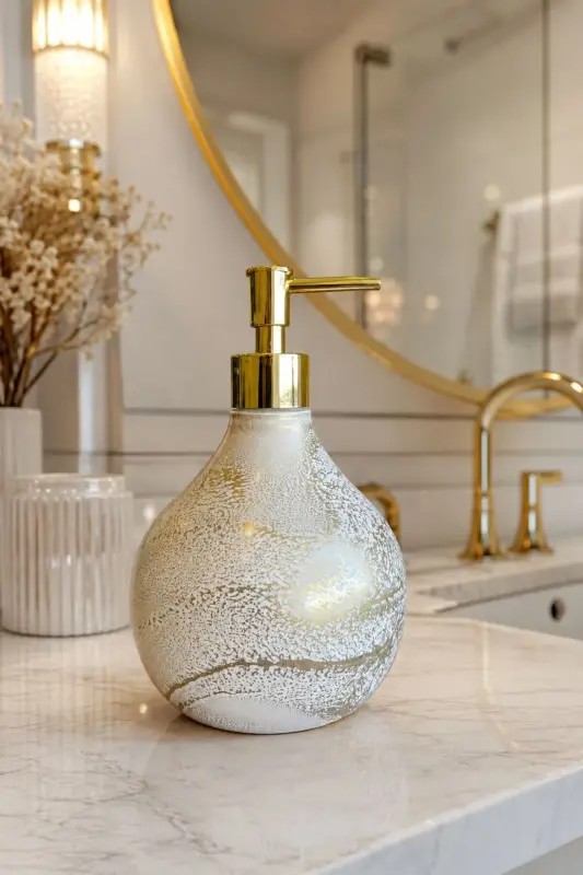 Celina Cam Sıvı Sabunluk || GOLD BEYAZ || Modern Lüks Banyo Aksesuarı Dekoratif Sıvı Sabunluk Sabun Dispenseri Banyo & Mutfak İçin Tezgah Üstü Lavabo || GOLD POMPALI || Bulaşık Deterjanı El Sabunu - Celina Beyaz Gold Sıvı Sabunluk GOLD POMPALI - 7