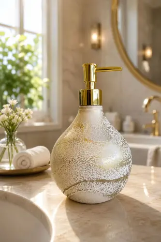 Celina Glass Liquid Soap Dispenser || GOLD WHITE || Modern Luxury Bathroom Accessory Decorative Liquid Soap Dispenser Soap Dispenser Countertop Basin For Bathroom & Kitchen || WITH GOLD PUMP || Dish Detergent Hand Soap - Celina White Gold Liquid Soap Dispenser WITH GOLD PUMP - 4