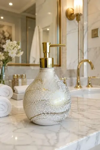 Celina Glass Liquid Soap Dispenser || GOLD WHITE || Modern Luxury Bathroom Accessory Decorative Liquid Soap Dispenser Soap Dispenser Countertop Basin For Bathroom & Kitchen || WITH GOLD PUMP || Dish Detergent Hand Soap - Celina White Gold Liquid Soap Dispenser WITH GOLD PUMP - 6