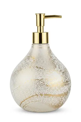 Celina Glass Liquid Soap Dispenser || GOLD WHITE || Modern Luxury Bathroom Accessory Decorative Liquid Soap Dispenser Soap Dispenser Countertop Basin For Bathroom & Kitchen || WITH GOLD PUMP || Dish Detergent Hand Soap - Celina White Gold Liquid Soap Dispenser WITH GOLD PUMP - 8