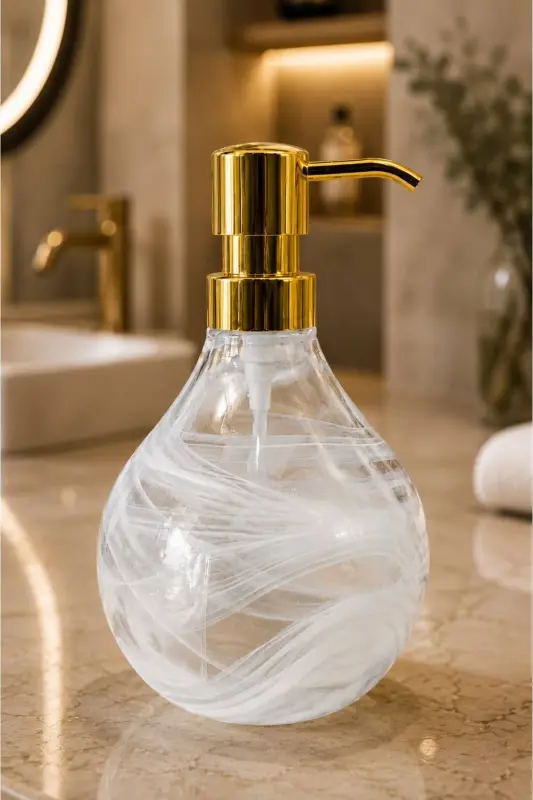 Celina Glass Soap Dispenser || WHITE ALABASTER || Modern Luxury Bathroom Accessory Decorative Liquid Soap Dispenser Soap Dispenser Countertop Sink for Bathroom & Kitchen || WITH GOLD PUMP || Dish Soap - Celina Glass Soap Dispenser || WHITE ALABASTER | - 7