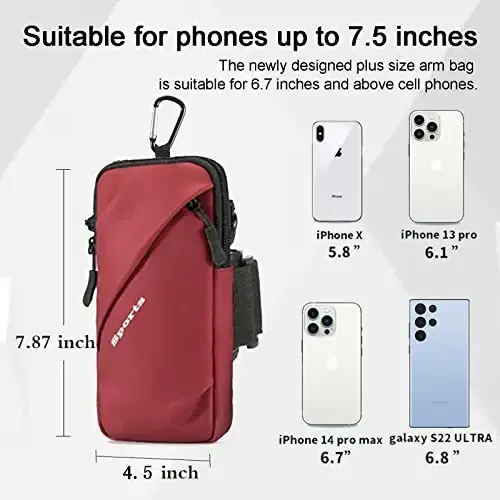 Cell Phone Holder Arm Band, Small Crossbody Shoulder Holsters Bag with Armband, Fits iPhone and All Cell Phones, Use for Running, Walking, Hiking & Biking (Plus Size,Red) - 4